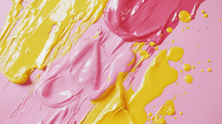 This dynamic image showcases vibrant pink and yellow paint flowing across a soft pink background, embodying artistic creativity and energizing expression perfect for modern design themes.の素材
