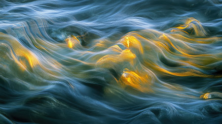 Captivating image of ocean waves displaying golden hues in fluid motion during twilight hours. A stunning blend of colors and textures evokes a sense of tranquility and beauty.の素材