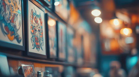 This image captures a collection of vibrant artworks displayed on a wall in a cozy environment, enhanced by soft lighting, creating an inviting and artsy atmosphere.の素材