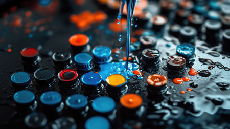 A vivid display of vibrant paint caps emerges as colorful droplets cascade from a brush, showcasing a messy artistic scene that captures creativity and inspiration.の素材