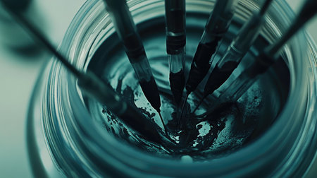 A captivating close-up image showcasing an assortment of paintbrushes immersed in a dark paint mixture within a glass jar, perfect for conveying creativity and artistic processes.の素材