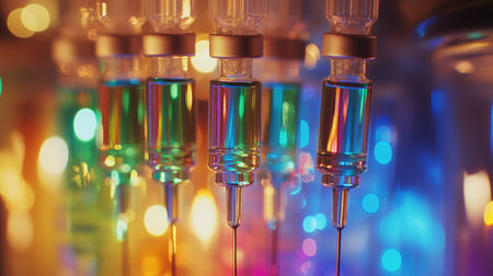 Vibrant and colorful scene featuring medical vials and syringes in a laboratory, ideal for healthcare, pharmaceutical, and science-related themes focusing on medication and vaccinations.の素材