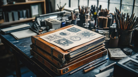 A serene artist studio filled with wooden sketchbooks and various tools, capturing the essence of creativity in a beautifully lighted working environment.の素材