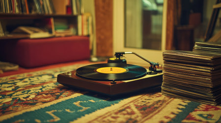 A nostalgic scene featuring a vintage record player playing vinyl records, set on a beautifully patterned rug, creating a cozy and inviting atmosphere in a living room.の素材