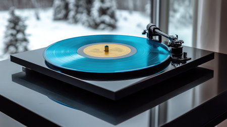 A striking blue vinyl record spins on a sleek turntable, set against a serene snowy backdrop, creating a warm and inviting atmosphere perfect for cozy moments.の素材
