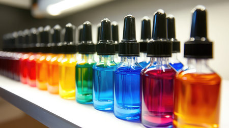 A striking array of colorful liquid bottles is artfully arranged on a shelf, showcasing a spectrum of shades that inspire creativity and artistic expression in various projects.の素材