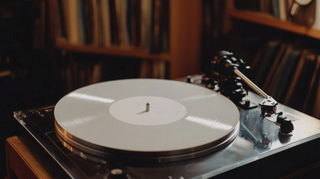 A vintage record player featuring a blank vinyl disc sits on a wooden cabinet, evoking a nostalgic atmosphere in a cozy room filled with soft lighting.の素材