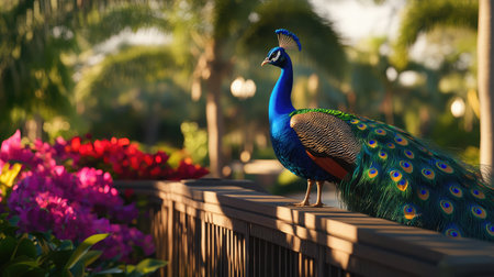 A stunning peacock stands proud on a wooden railing, showcasing its vibrant feathers among lush plants and bright flowers, creating a serene tropical atmosphere.の素材