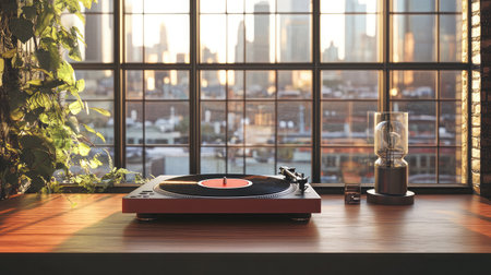 A stylish vinyl player resting on a wooden table captures a serene moment in a modern living space, framed by a stunning city skyline visible through large windows.の素材