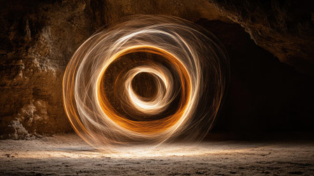 Stunning light trails create enchanting spirals in a dim cave, showcasing unique abstract design and a blend of warm tones against dramatic shadows.の素材