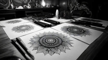 A captivating black and white photo showcasing intricate mandala art on a wooden table, surrounded by various art supplies, highlighting creativity and artistic dedication in a serene workspace.の素材