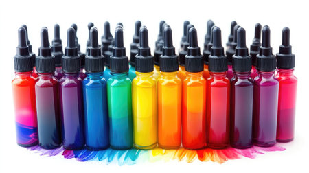 A stunning collection of colorful dropper bottles filled with liquid pigments arranged in a striking rainbow gradient, perfect for artistic projects and creative applications.の素材