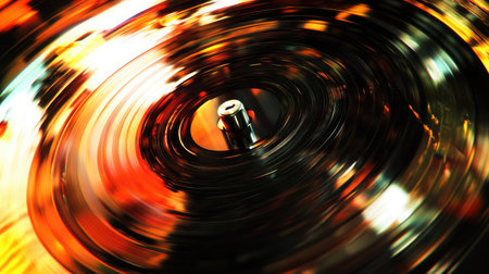 A vibrant abstract close-up of a spinning vinyl record on a turntable, showcasing dynamic motion and rich colors, perfect for music lovers and art creators.の素材