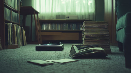 A serene living area with a turntable and vinyl records evokes nostalgia, blending modern comfort with classic music vibes in a warmly lit and cozy space.の素材