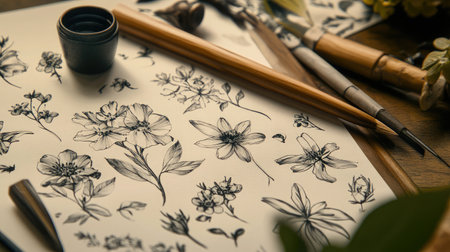 Explore intricate botanical sketches on paper with artistic tools arranged for a creative workspace, perfect for art enthusiasts and nature lovers seeking inspiration.の素材