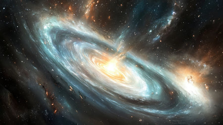 A breathtaking representation of a spiraling galaxy filled with brilliant stars and clouds of cosmic dust, showcasing the vast beauty and mysteries of deep space exploration.の素材