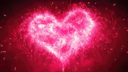A stunning pink heart-shaped fireworks display brightening the night sky, perfect for romantic occasions and celebrations, creating an enchanting atmosphere filled with joy.の素材