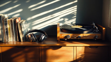 A vintage turntable sits elegantly beside a collection of vinyl records and headphones, illuminated by soft sunlight, creating a nostalgic and warm atmosphere in the room.の素材