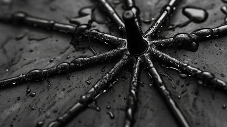 This close-up image features a black umbrella with water drops, showcasing intricate patterns and textures, ideal for artistic or weather-related themes.の素材