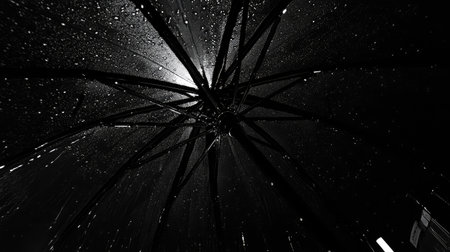 Artistic black and white image showcasing an umbrella structure enveloped in cascading raindrops, creating a dramatic visual atmosphere and unique perspective.の素材