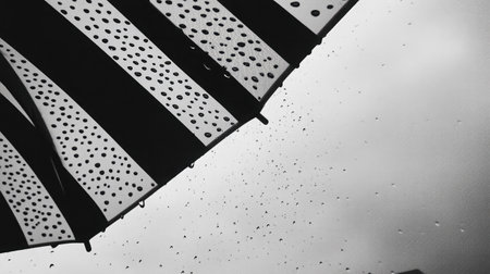 A close view of a black and white striped umbrella with raindrops falling, capturing the essence of a rainy day in a minimalistic yet artistic style.の素材