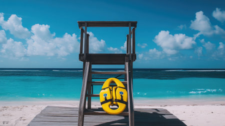 A vibrant lifeguard chair stands on the beach next to a yellow rescue board. The serene ocean waves and fluffy clouds create a perfect summer getaway atmosphere.の素材
