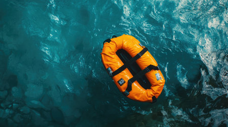 A striking orange life buoy floats gracefully in clear turquoise water, representing safety in aquatic settings, ideal for themes of rescue and adventure in outdoor activities.の素材