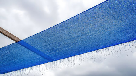 Featuring a vibrant blue shade cloth adorned with glistening water drops against a cloudy sky, this image captures a serene outdoor atmosphere ideal for events and relaxation.の素材