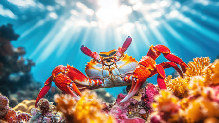 A vibrant crab explores a colorful coral reef in this stunning underwater scene. Sunlight streams down, illuminating the rich marine life and showcasing ocean beauty.の素材