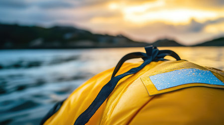 A stunning close-up of a yellow rafting jacket focused against a sunset-lit water backdrop, embodying adventure and the beauty of the outdoors.の素材