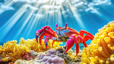 A vibrant crab stands on a coral reef, illuminated by sun rays filtering through crystal-clear ocean waters, showcasing the beauty of marine life and its vibrant ecosystem.の素材