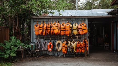 A vibrant array of orange life jackets hangs neatly on a metal shed, showcasing essential water safety equipment in a serene outdoor environment filled with greenery.の素材