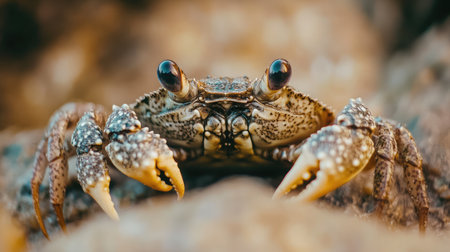 A stunning close-up of a brown crab on a rocky shoreline highlights its intricate shell patterns and large claws in a natural setting, capturing the essence of marine life.の素材