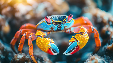 A stunning close-up of a colorful blue crab showcasing its vibrant colors and detailed texture against a rocky shoreline, highlighting the beauty of ocean life.の素材