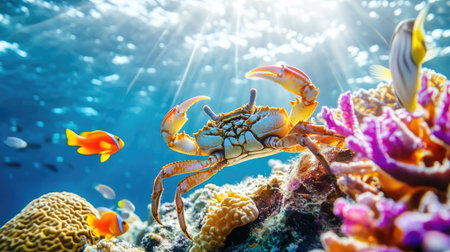 Explore a stunning underwater scene showcasing a vibrant crab among colorful coral reefs with tropical fish swimming gracefully as sunlight filters through the clear ocean waters.の素材