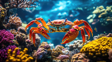 A vibrant crab navigates through a colorful coral reef, exemplifying the rich biodiversity found in marine ecosystems while enjoying the tranquil underwater environment.の素材