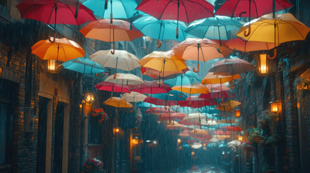 A captivating view of colorful umbrellas suspended over a cobblestone street in a rainy urban alley, blending bright hues with a serene atmosphere, perfect for storytelling or travel themes.の素材