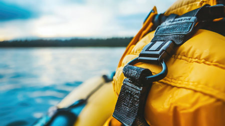 A striking close-up image of a yellow kayak life jacket strap, resting against tranquil water with a soft focus on the horizon, illustrating safety and outdoor adventure themes.の素材