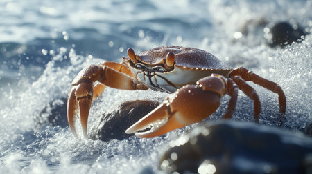 This image showcases a brown crab on a rocky shore with gentle ocean waves splashing around, highlighting the intricate details of marine life and natural beauty.の素材