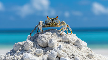 This image features a vivid crab standing atop a sandy mound, showcasing its unique colors against a backdrop of a serene ocean and beautiful blue sky. Perfect for nature themes.の素材