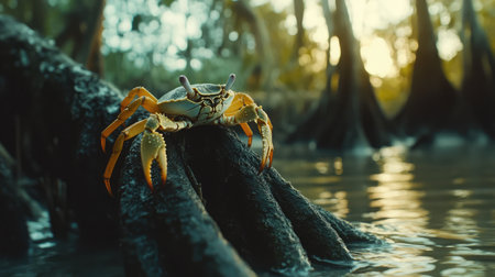 A vibrant crab sits atop mangrove roots in a tranquil wetland, illuminated by the soft glow of sunset, highlighting nature's intricate beauty and rich biodiversity.の素材