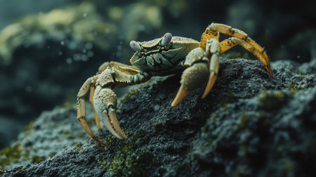 This stunning underwater image features a live crab near a rocky surface, showcasing its intricate details and vibrant colors in a serene ocean environment.の素材