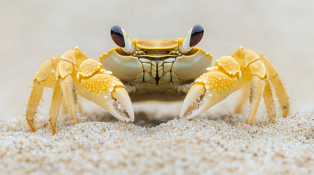 A stunning close-up of a yellow crab emerging from sandy beach, showcasing its intricate details and vibrant colors against a natural coastal backdrop.の素材