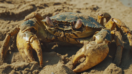 This image features a close-up of a crab on the beach, highlighting its intricate texture and unique features, basking in sunlight. Ideal for nature enthusiasts and wildlife photography.の素材