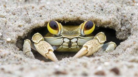 A colorful crab peeks out from its sandy burrow, showcasing its vibrant yellow eyes and detailed shell in a natural coastal setting, highlighting its unique behavior and habitat.の素材