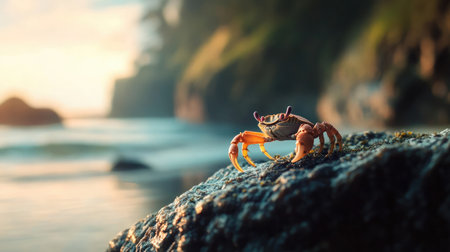 A vibrant crab rests on a rocky surface by the shoreline, showcasing its detailed features against a backdrop of shimmering water and a serene sunset, illustrating marine lifeの素材