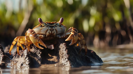A stunning close-up of a crab perched on rocks in shallow waters, showcasing its features against a backdrop of lush mangrove trees under bright skies, capturing natureの素材