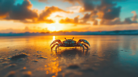 A small crab moves along the wet sand at sunset, framed by a stunning sky filled with clouds and vibrant colors, showcasing the beauty of coastal wildlife and nature.の素材