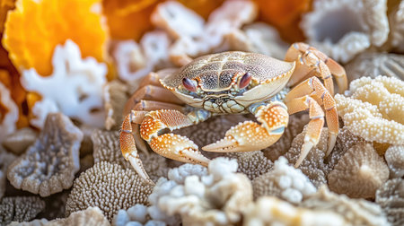 Explore the intricate beauty of a crab nestled among colorful coral, capturing the essence of marine biodiversity and the captivating underwater world.の素材