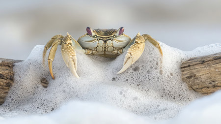 A stunning close-up of a crab emerging from surf foam on a shore, revealing its unique features and the beauty of its natural coastal environment.の素材
